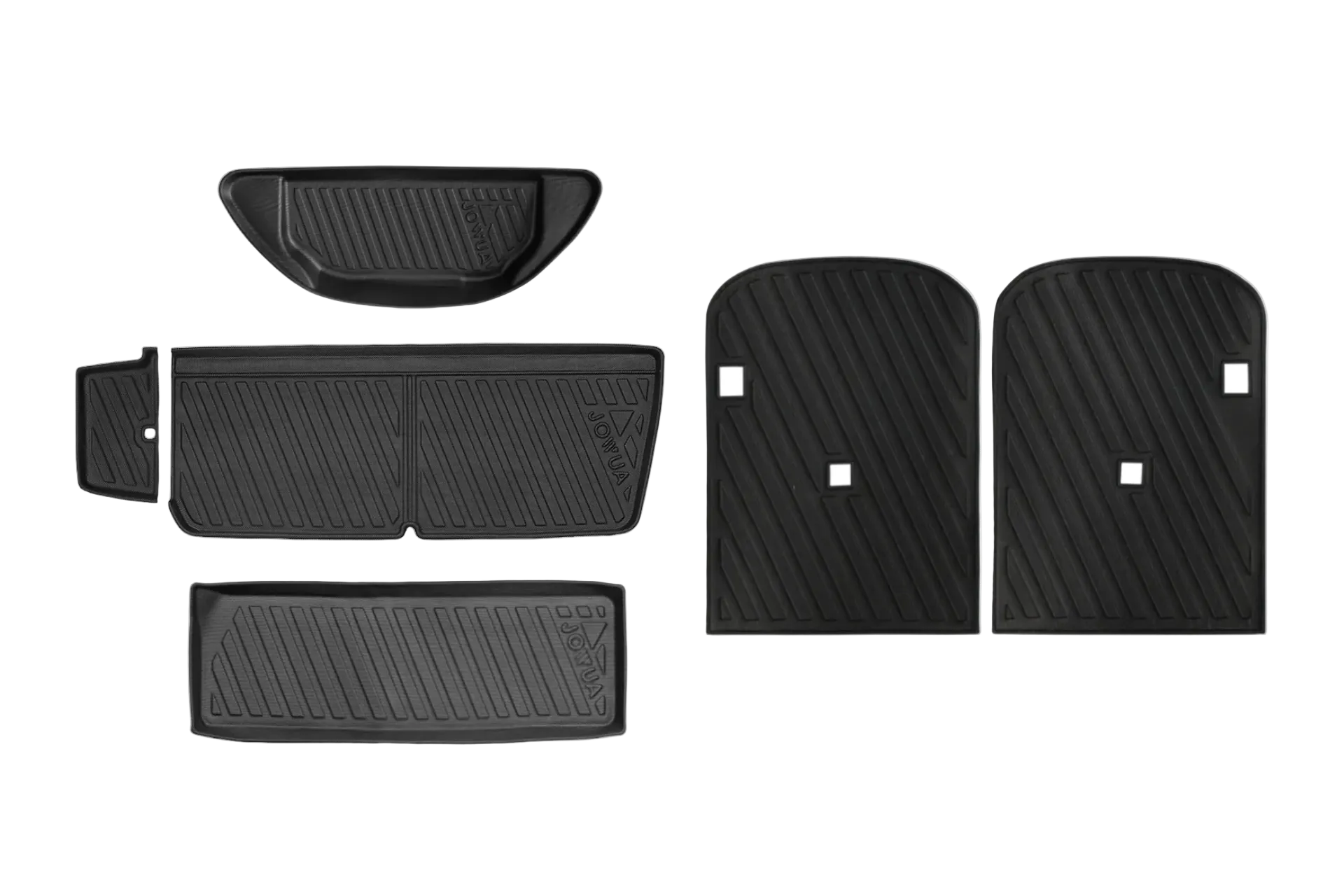 五個由 JOWUA Taiwan 設計的黑色立體防水行李廂墊 (Model X 2025+/2021-2024) 展現在白色背景上，並採用 TPE 防水防塵溝槽設計，可提供抓地力及收集碎屑的功能。.