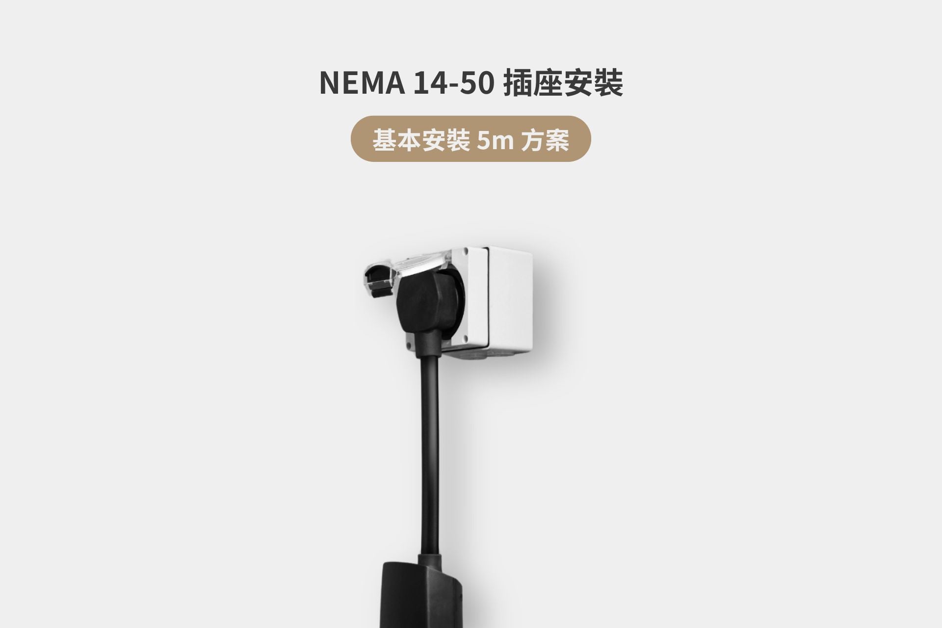 銀色的 JOWUA 台灣 NEMA 14-50 插座搭配黑色插頭，安裝在白色牆面上。上方有中英文文字說明：電動車充電插座認證標準安裝｜安裝費用，詳細說明基本 5m 安裝方式及費用。.