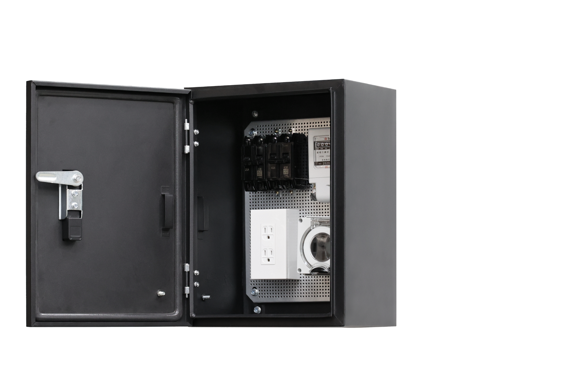 A JOWUA Taiwan 配電箱 - 304020 型，黑色金屬，打開門可看到裡面的開關、接線、一個 NEMA 14-50 插頭、圓形端口和插座，以純白色為背景。.