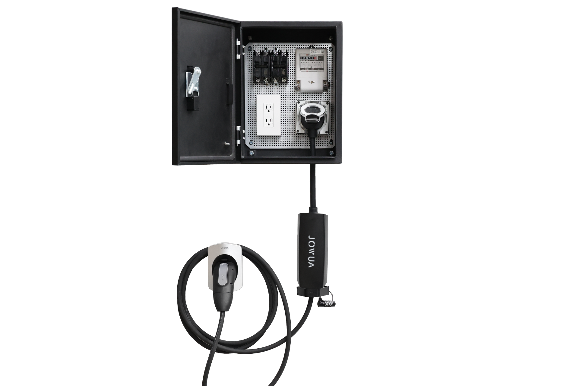 由 JOWUA Taiwan 製造的黑色配電箱 - 304020 型，打開門，裡面有開關、電線、插座和 NEMA 14-50 插頭。下方懸掛著一條充電線和一個黑色的 JOWUA 裝置。.