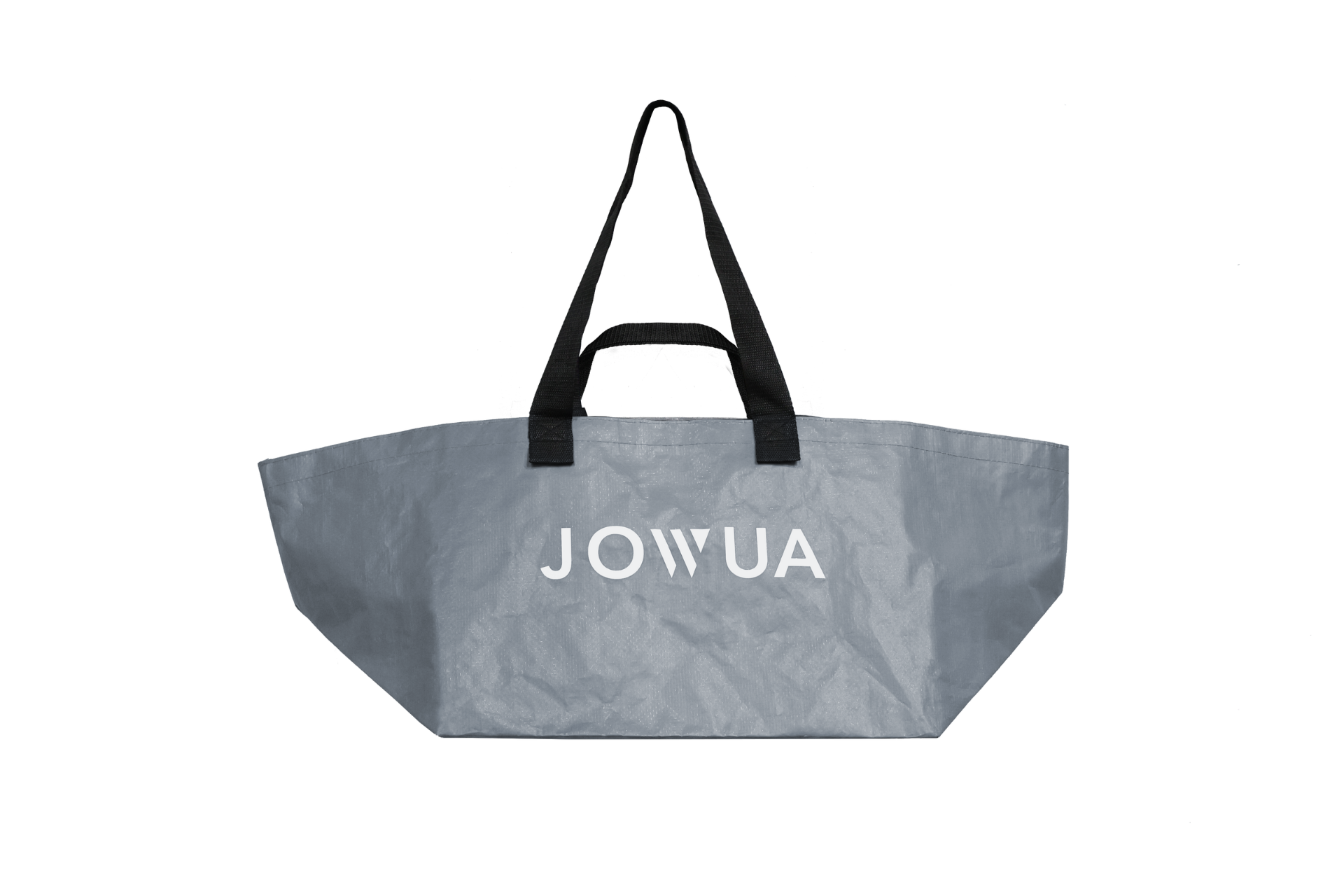 灰色 JOWUA Taiwan 35L 環保購物袋，黑色手柄、白色「JOWUA」標誌及長短雙帶設計，以純白色為背景。.