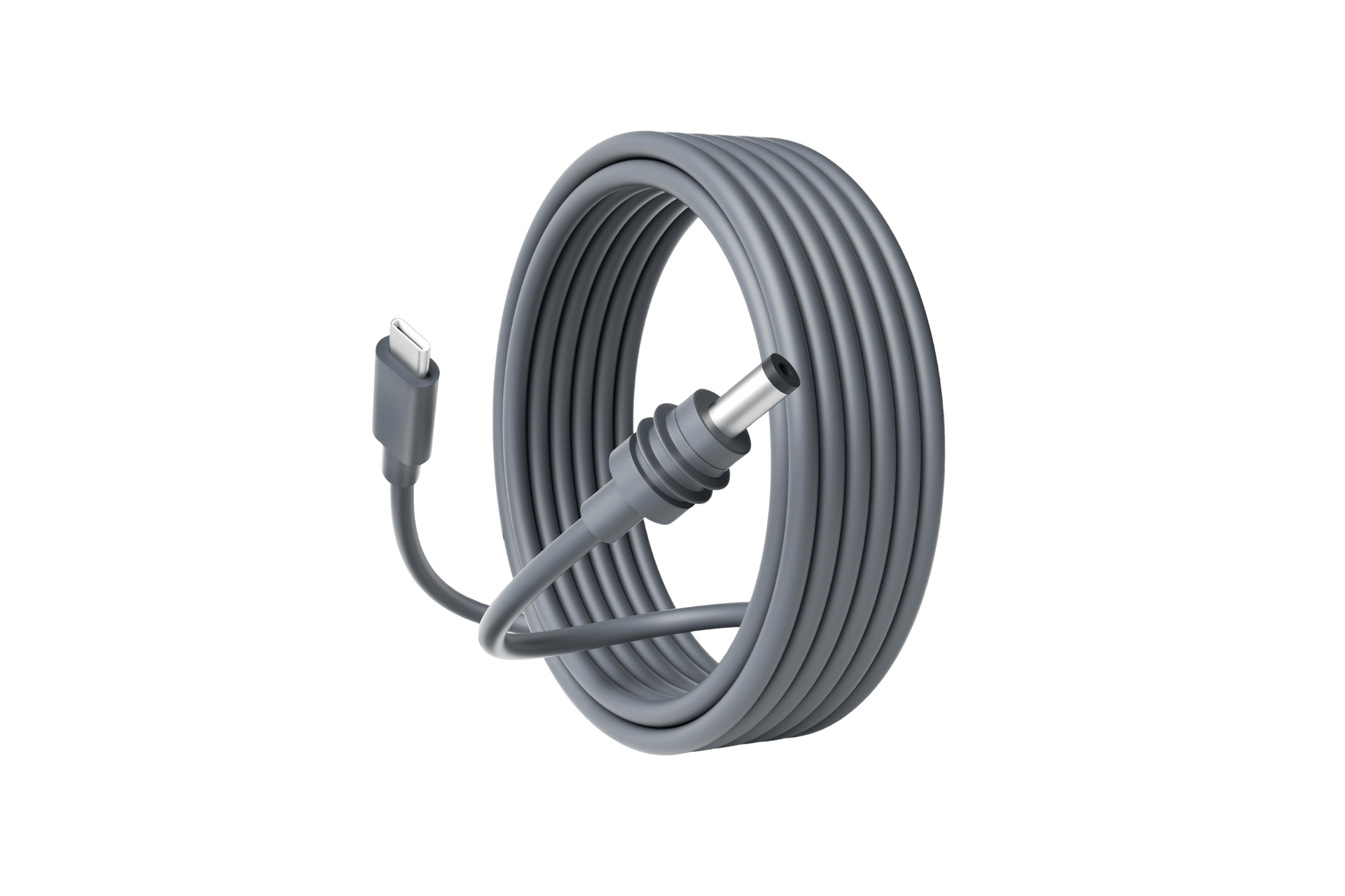 JOWUA Taiwan Starlink USB-C to DC 充電線是一條捲繞的灰色充電線，配備桶狀插頭和 USB-C 接頭，適用於車用行動冰箱或折疊電動滑板車，以純白色為背景。.