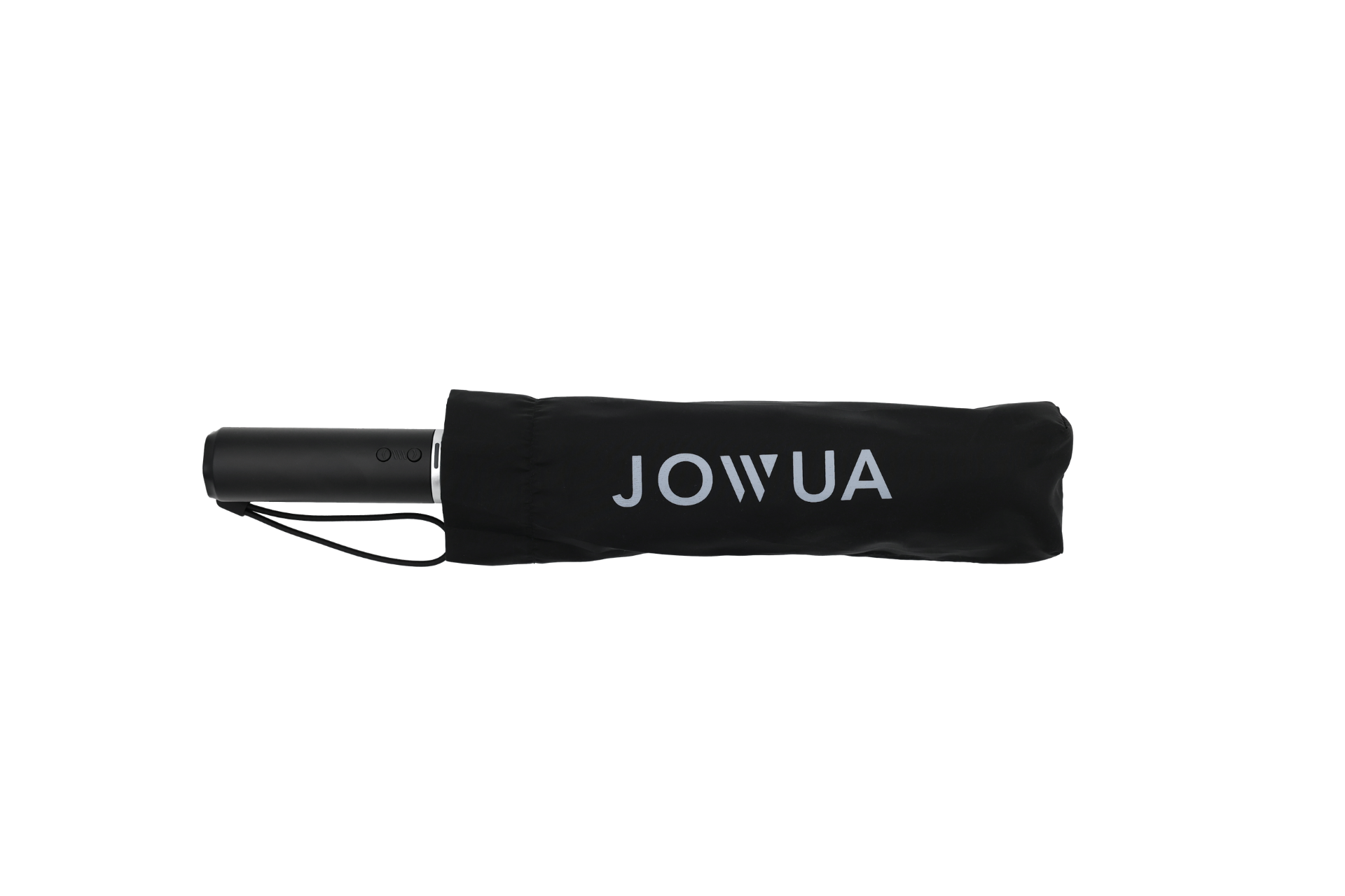 JOWUA Taiwan 的黑色小巧一鍵開收電動傘，袖子上印有白色品牌字樣，採用晴雨兩用抗 UV 設計，並以純白背景拍照。.