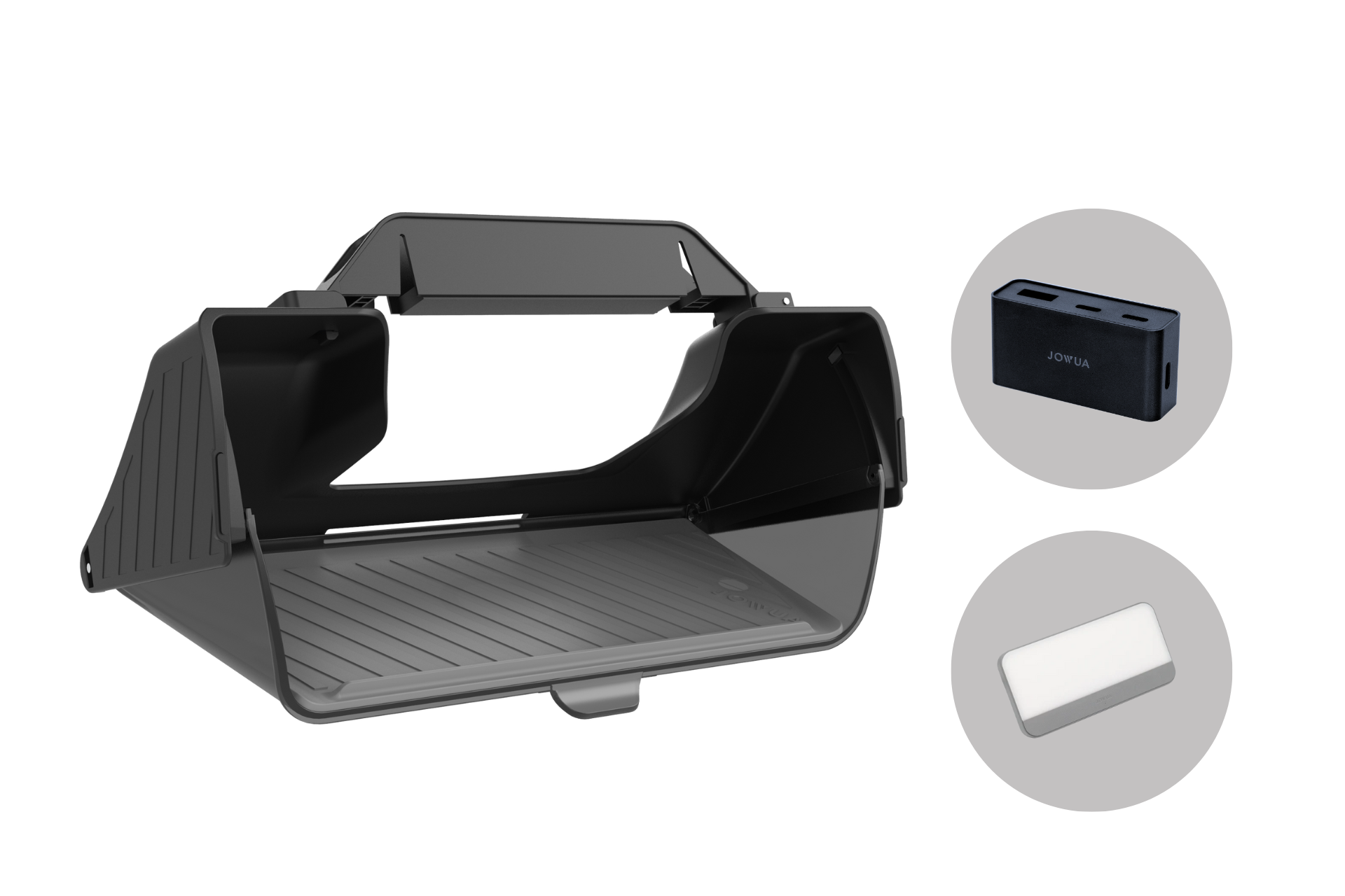 A black sunshade designed for a drone controller is shown with two smaller items: a black dual-port USB charger and a small, rectangular white adapter. This sunshade offers wide shading with side panels, reminiscent of sleek 特斯拉 accessory designs, known as the 隱藏式螢幕收納基座組合.