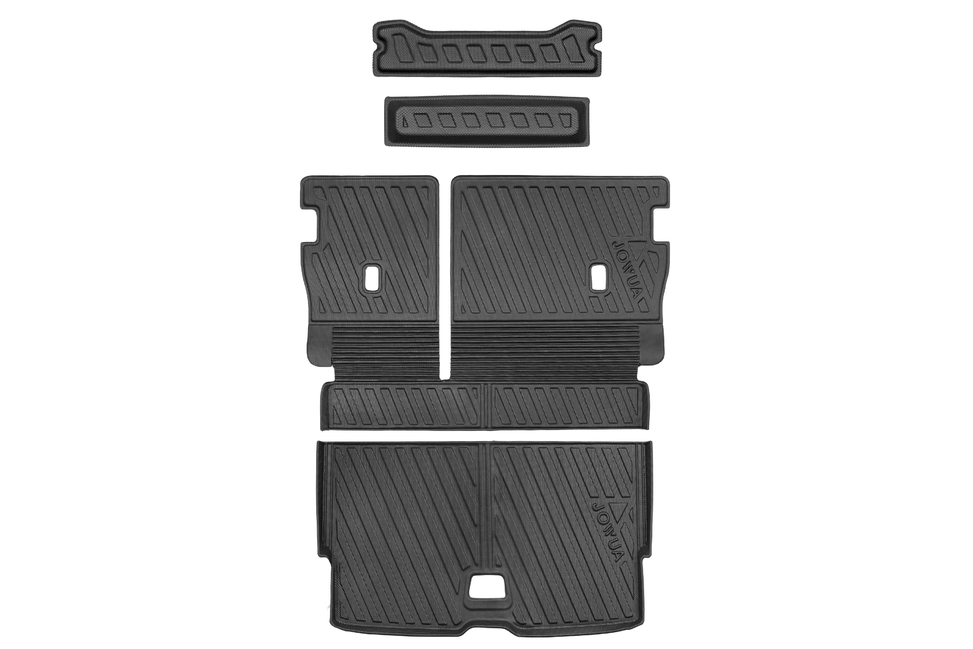 白底上有五張黑色的 JOWUA Taiwan 立體防水行李箱墊＋椅背墊組合 (Volvo EX30)，每張墊子都有不同形狀和大小的紋理凹槽，方便抓地和收集污垢。.