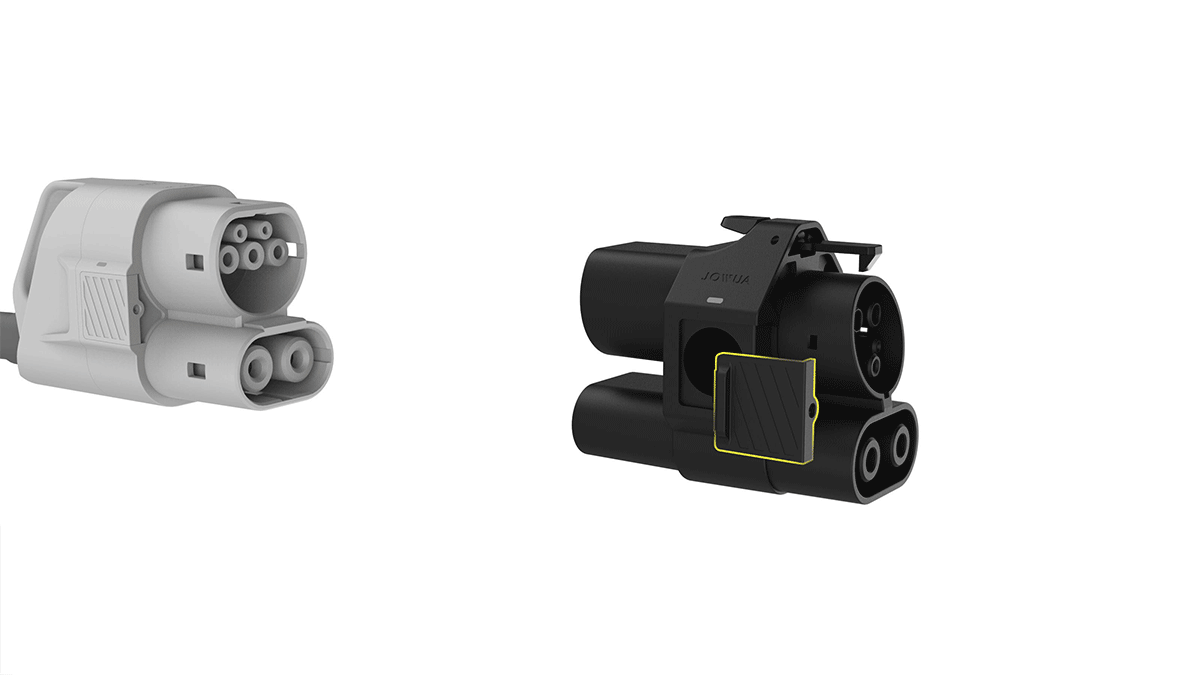 JOWUA Taiwan 的 CCS2 to CCS1 充電防拔鎖扣與白底黑字的連接器並列，具有多個快充轉接頭插孔，並配備安全防拔槍，可安全充電。.