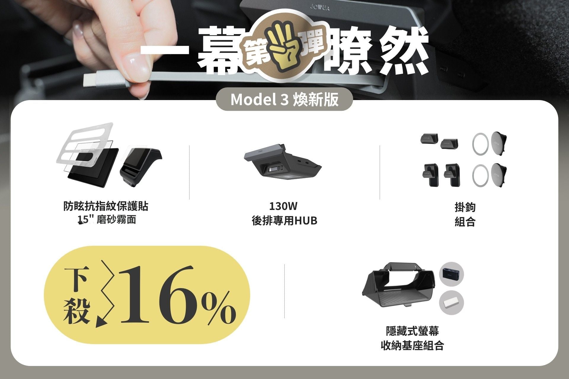一張展示全新 JOWUA 台灣「一幕瞭然【Model 3 煥新版｜第三彈交車禮包】」的圖示，重點介紹了螢幕保護貼、130W 後排專用集線器、壁掛套件以及座椅縫隙收納盒等關鍵配件。 設計採用黑、白、灰三色配色，並以醒目的文字突顯「減少 16%」的資訊。.