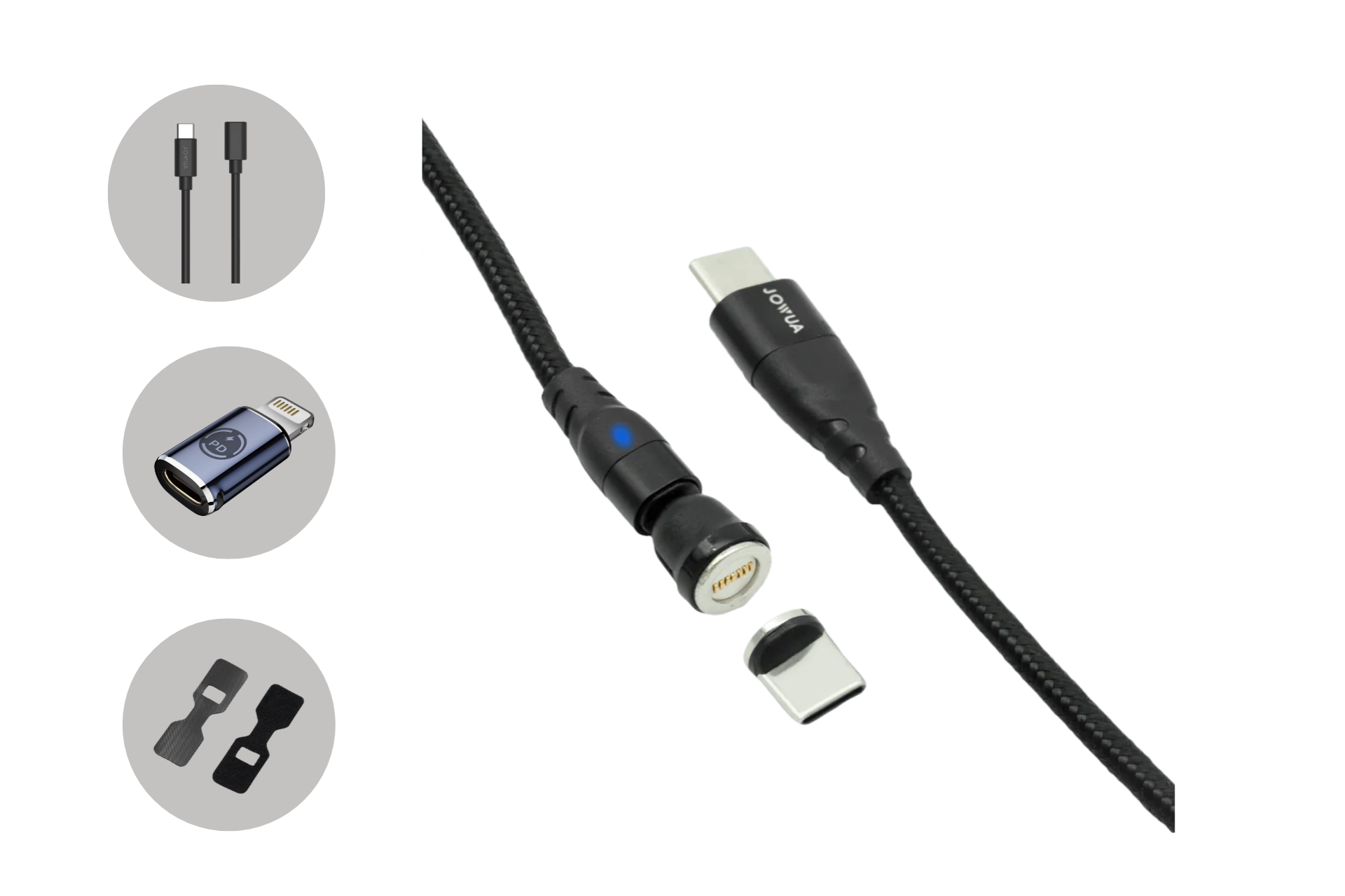 JOWUA 台灣 USB-C 車用磁吸線 (0.4M/1M/1.8M) 採用耐用的編織外殼、磁吸式連接器，並配備藍色 LED 指示燈。 此線材專為車用 USB-C 磁吸線設計，支援 100W USB-C PD 快充，並能與 Model 3/Y 的中控台設計無縫整合。 產品圖片中顯示三個圓形嵌圖：一個 USB-C 轉 USB-C 圖示、一個 USB-C 轉接頭，以及兩個夾子狀配件，背景為淺色。.