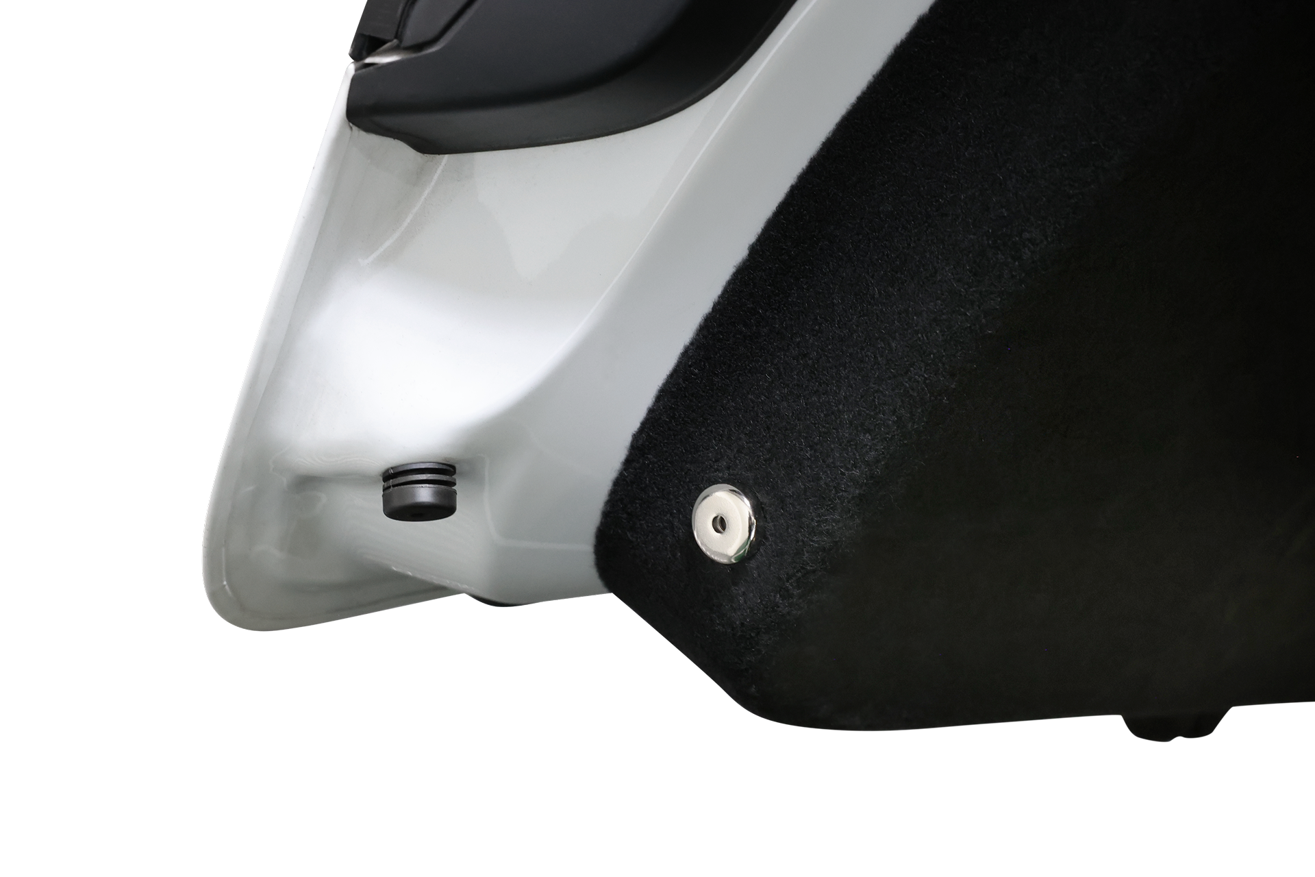 JOWUA 台灣後車廂氣氛燈｜真言套索 (Model X) 特寫，顯示車門內側板上的黑色圓形智能磁感應感應器與金屬扣件，白色外觀與黑色內裝細節清晰可見。.