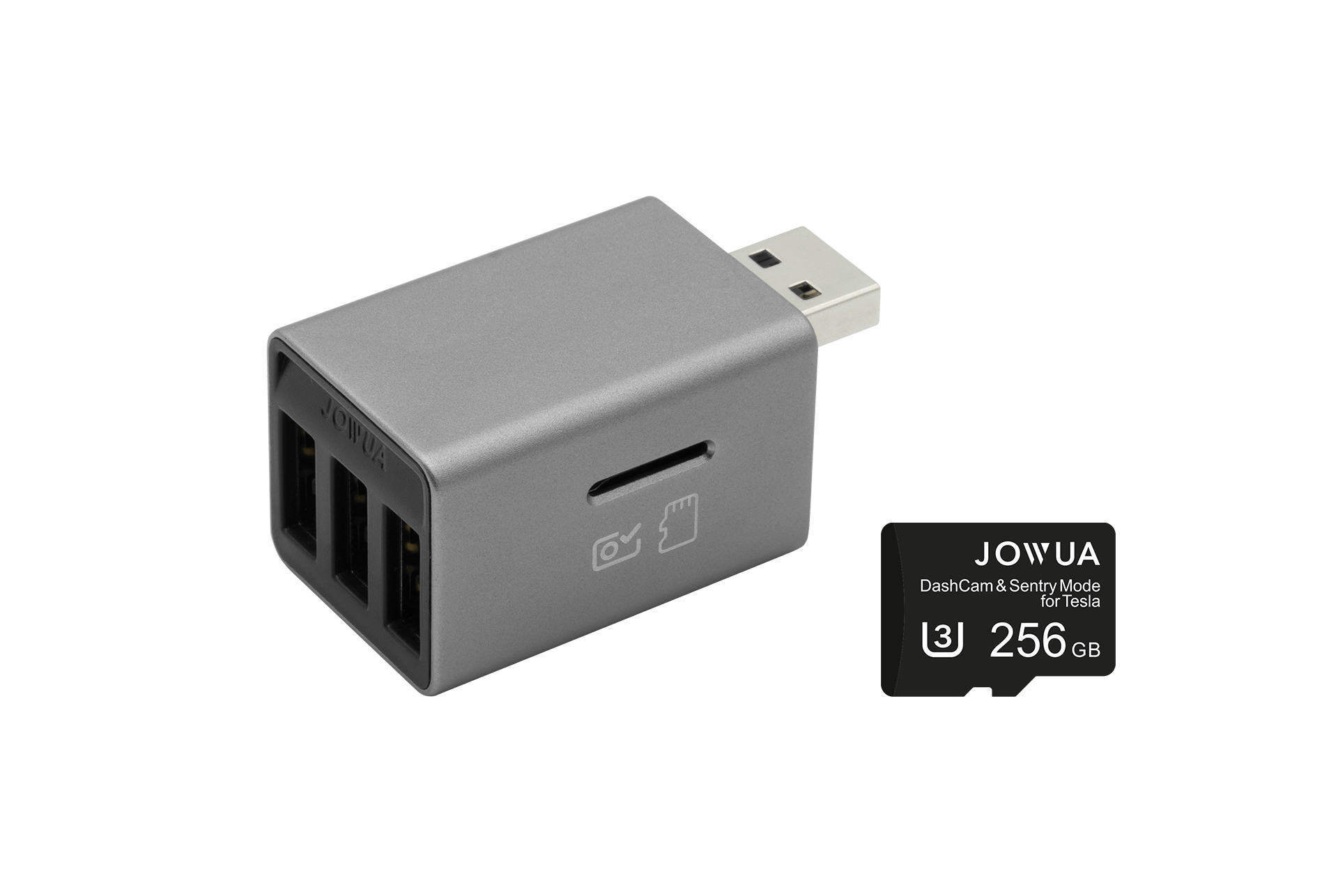 時尚的銀色USB 集線器，帶有三個端口和攝像頭/哨兵模式圖標，旁邊是黑色Jowua 記憶卡，標有“DashCam & Sentry Mode for Tesla 256 GB”，非常適合Tesla 手套箱擴充，被稱為JOWUA 台灣的手套箱專用 3埠集線器+讀卡機。.